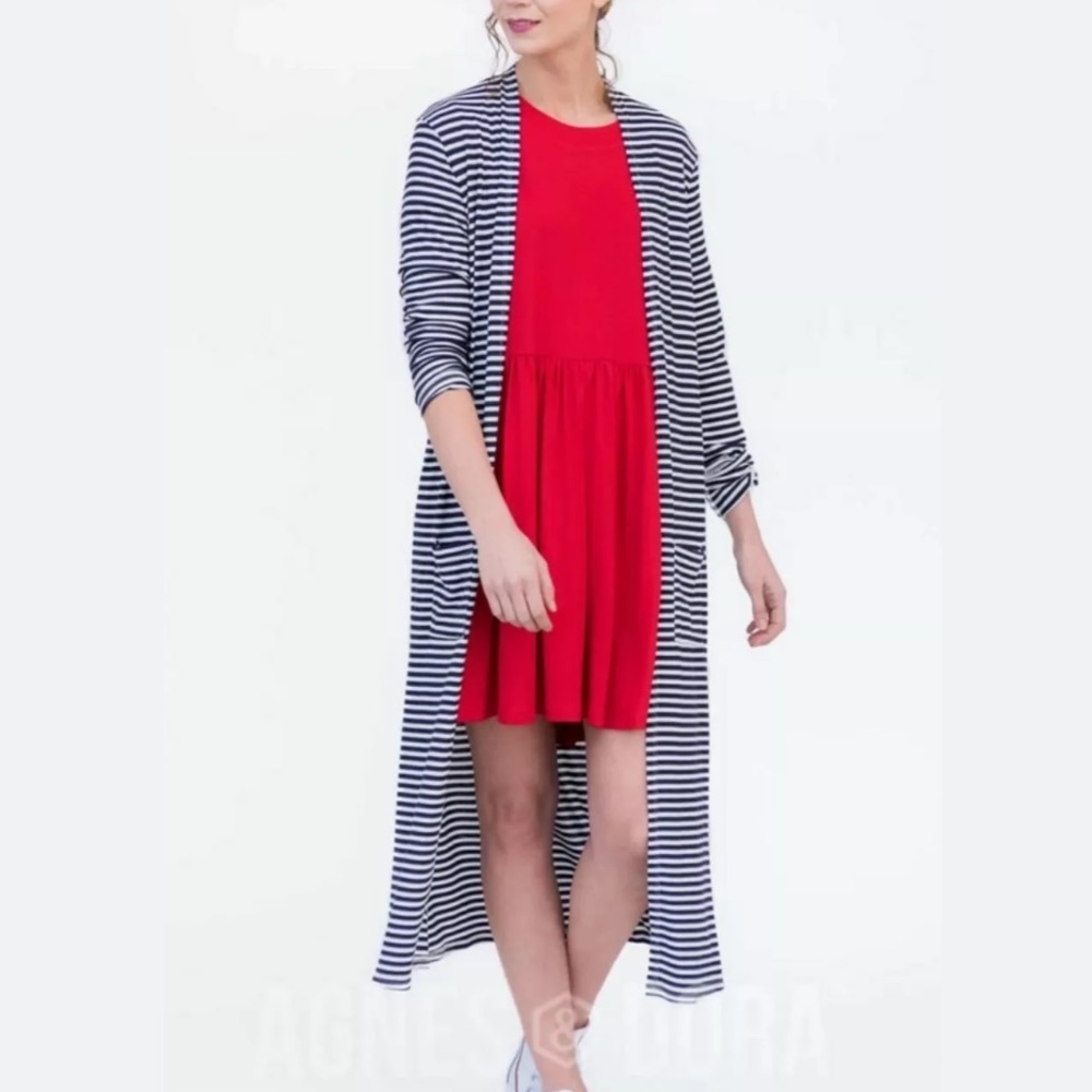 AGNES & DORA size MEDIUM Navy/White Ribbed Duster Cardi NEW